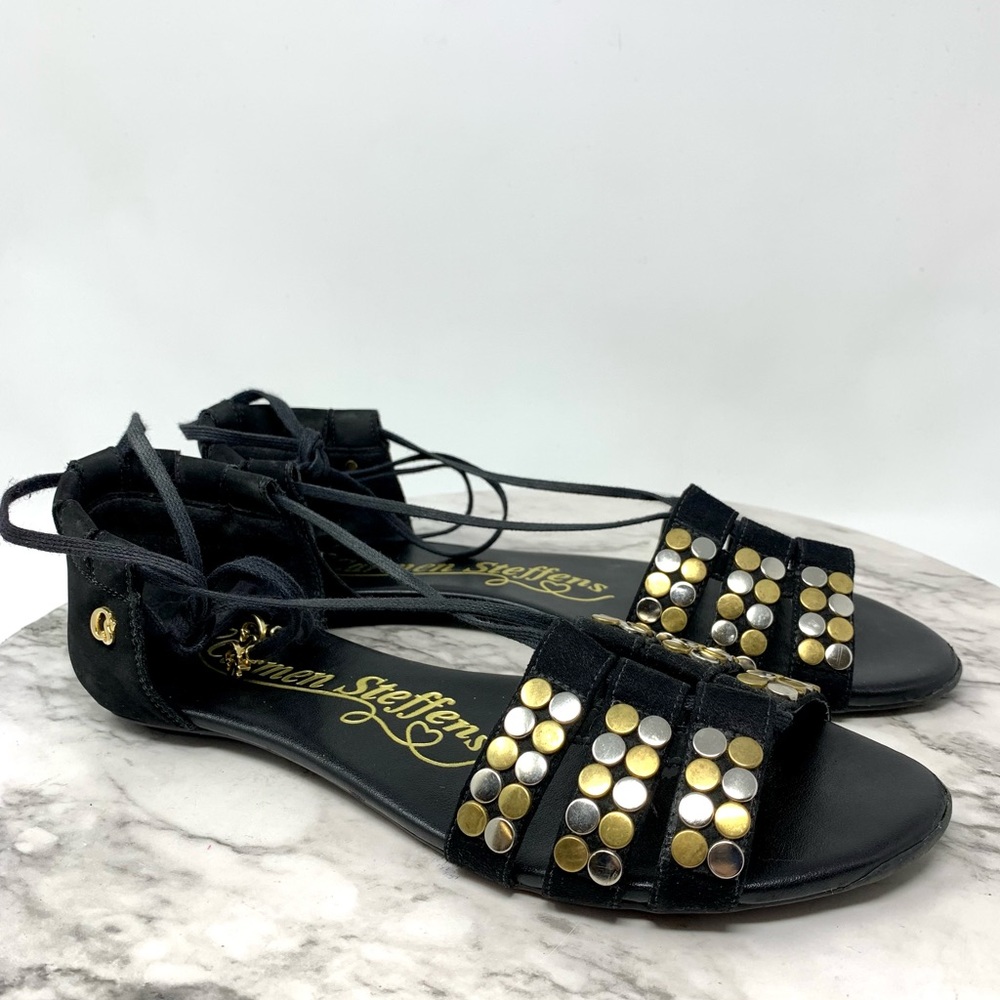 Carmen Steffens studded ankle tie black suede sandals 38 bohemian classic chic